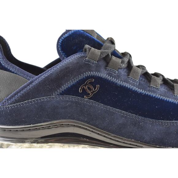 Chanel 20A Mens Blue Velvet Black CC Logo Lace Up Low Top Trainer Sneaker 44 11 - Picture 4 of 13